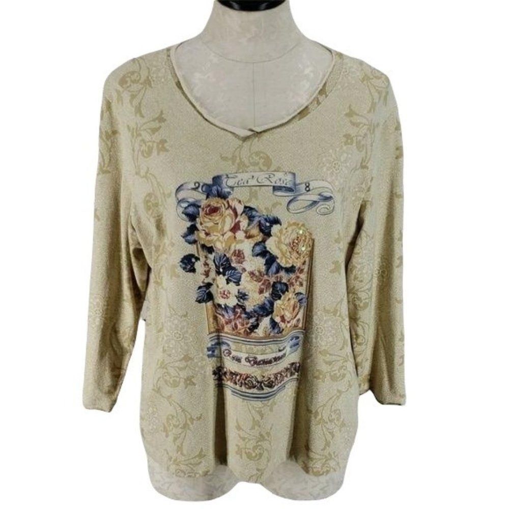 Bestow tea Rose floral tan blue flower picture frame 3/4‎ Sleeve Large shirt